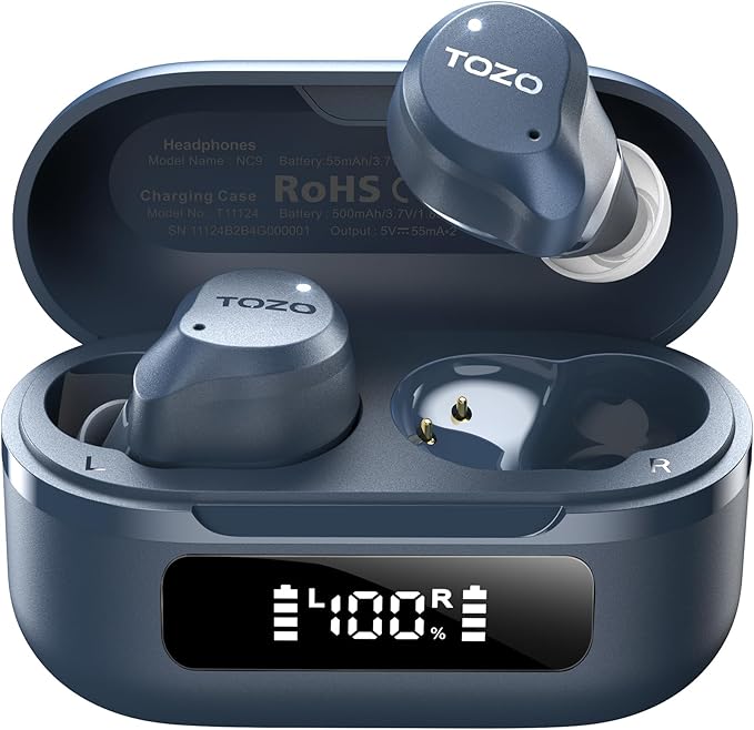 TOZO NC9 Hybrid Noise Cancelling Wireless Earbuds, Bluetooth 5.3 Ear Buds, 6 Mic ENC, IPX8 Waterproof, 60H Playtime, App EQ