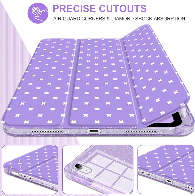 DONGKE for iPad Pro 11 inch Case – Fits M5 2025 / M4 2024, Shockproof Sparkling Glitter Acrylic Back, Pencil Holder, Trifold Stand, Auto Sleep/Wake & Touch ID Support - Purple Cross Dot