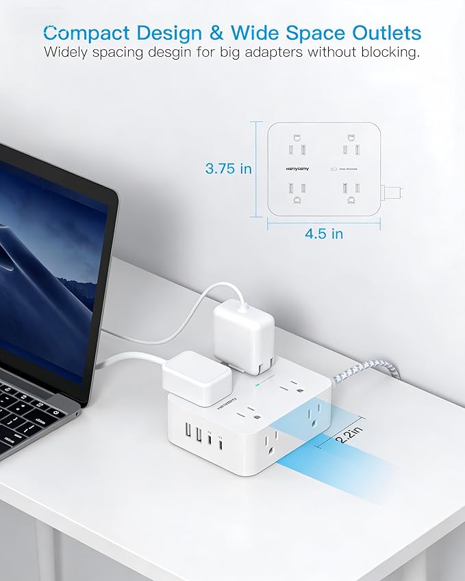 PD 30W USB C Power Strip Surge Protecor, HANYCONY 8 Outlets 4 USB(2 USB C Ports), 1080J Desk Charging Station for Multiple Devices, 10 Ft Flat Plug Extension Cord for College Dorm Room Essentials