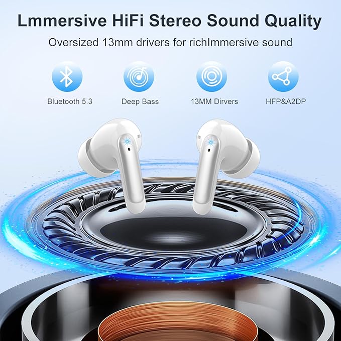 Wireless Earbuds, HiFi Sound Bluetooth 5.3 Headphones with 4 ENC Noise Mic, 56H Playtime Ear Buds with LED Display, USB-C, IPX7 Waterproof Wireless Headphones for Sports Workout