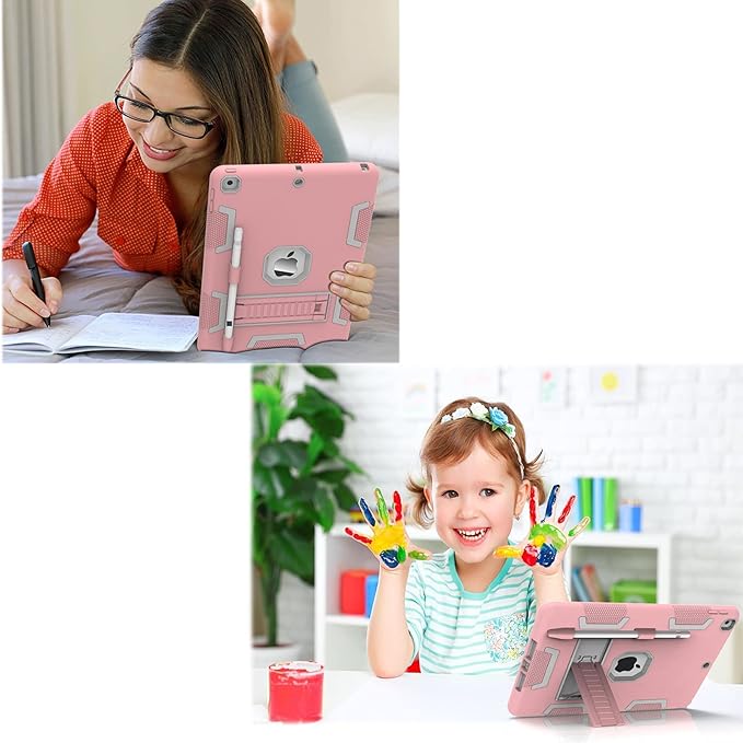 CCMAO Case for iPad 9th/8th/7th Gen, iPad 10.2 2021/2020/2019 with Kickstand & Pen Holder, Hybrid Heavy Duty Shockproof Protective Case, Rose Gold+Gray