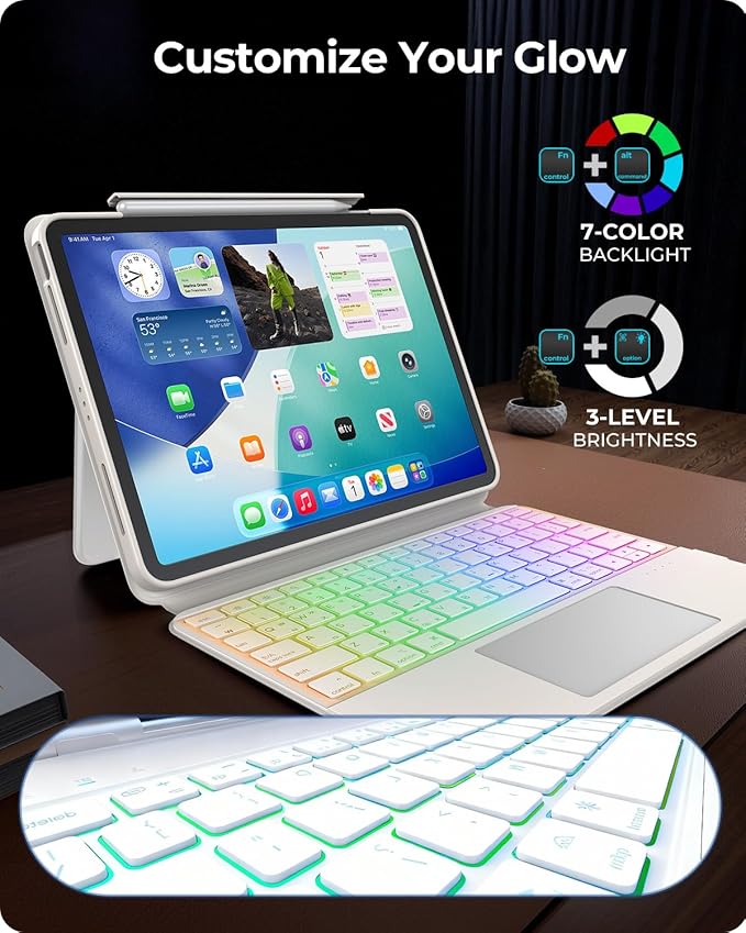Keyboard Case for iPad Air 11" (M3/M2)& Pro 11" 4th 3rd 2nd 1st Gen, Clear Detachable Magnetic 360 Rotatable & Liftable Cover, 7-Color Backlit, Native Gesture Trackpad, 180 Kickstand, White