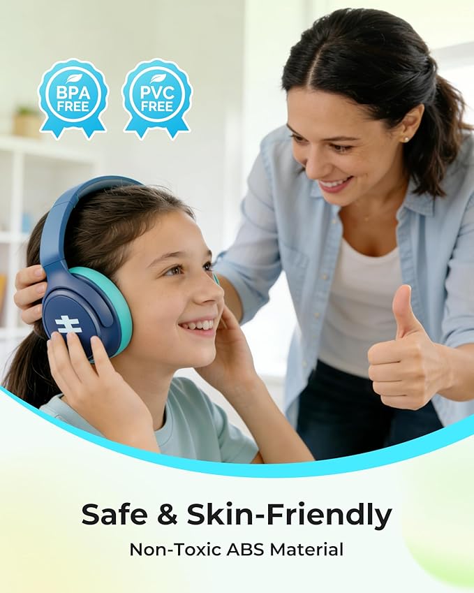 seenda Active Noise Cancelling Headphones for Kids, HEO-303 Bluetooth 5.4 60H Playtime Type C Fast Charging, 74/85/94 dB Safe Volume Limit Headset with Mic for Ipad, Airplane, Travel, Blue