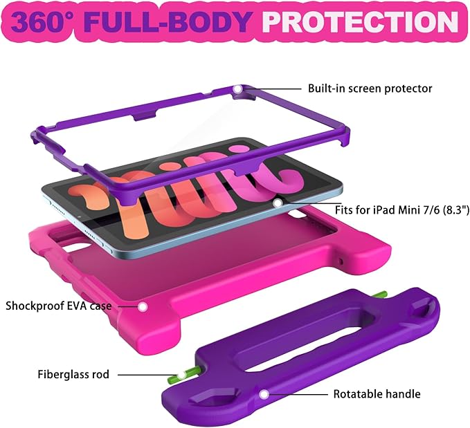 YIHE Kids Case for 8.3 inch iPad mini 7 (A17 Pro) 2024 & iPad mini 6 (A15) 2021, Shockproof Cases for iPad mini 7th/6th Generation with Built-in Screen Protector & Handle Stand, Pink&Purple