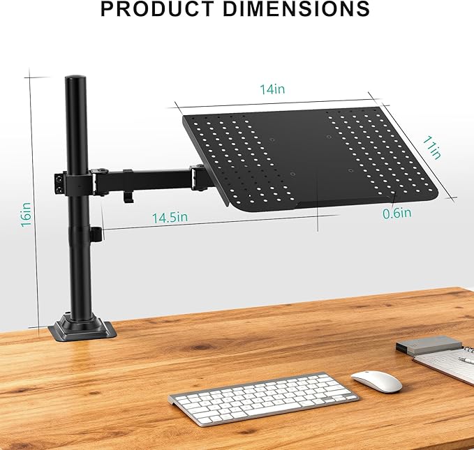 WALI Laptop Desk Mount for 17 inch Notebook, Adjustable Single Monitor Arm with Laptop Holder for 32 inch Screen, Laptops Stand with Ventilated Tray, Up to 22 lbs, (M00LP), Black