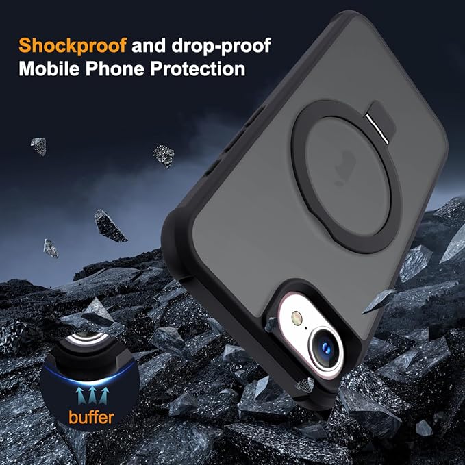 SKYLMW Compatible with iPhone 16e Case & iPhone 17e Case 6.1" with Invisible Magnetic O-Ring Stand Military-Grade Translucent Phone Cases [Compatible with Mag-Safe][Great Grip Feeling], Black
