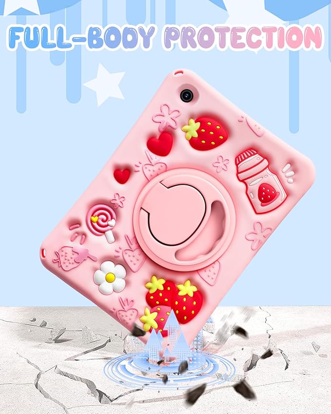 Boaretiu for Samsung Galaxy Tab A9+ Case - Soft Silicone Case with Shoulder Strap & Rotating Stand Strawberry Cute Cartoon 3D Kawaii for Girls Girly Kids Teens for Samsung A9 Plus Tablet 11 inch 2023