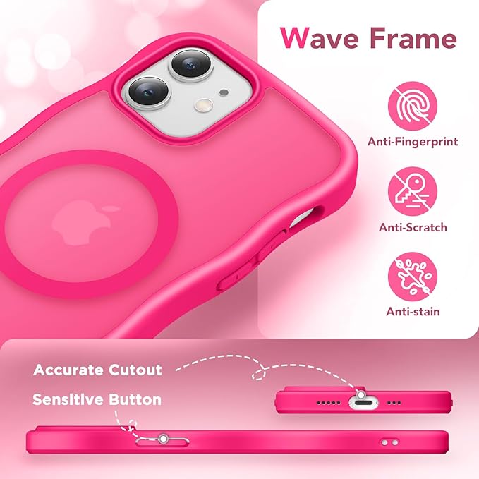 CAPRARO Cute for iPhone 12 Case & iPhone 12 Pro Case, Compatible with MagSafe, [Curly Wave Edge] [Camera Protection] [14 FT Drop Protection] Magnetic for iPhone 12/12 Pro, Hot Pink