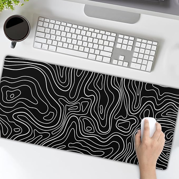 Kawani Topographic Contour Gaming Mouse Pad XL,Large Black Mouse Mat Desk Pad 31.5/inch x 11.8/inch,Extended Stitched Anti-Slip Base Long Computer Keyboard Mousepad Home Laptop Game Office Work