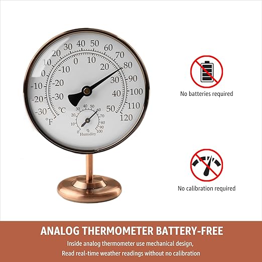 4-Inch Indoor Thermometer and Humidity Gauge, Room Analog Temperature and Humidity Monitor, Dual Scale Display, Brass Dial with Stand, Battery-Free for House, Home, Desk, Bedroom, Garage, RV