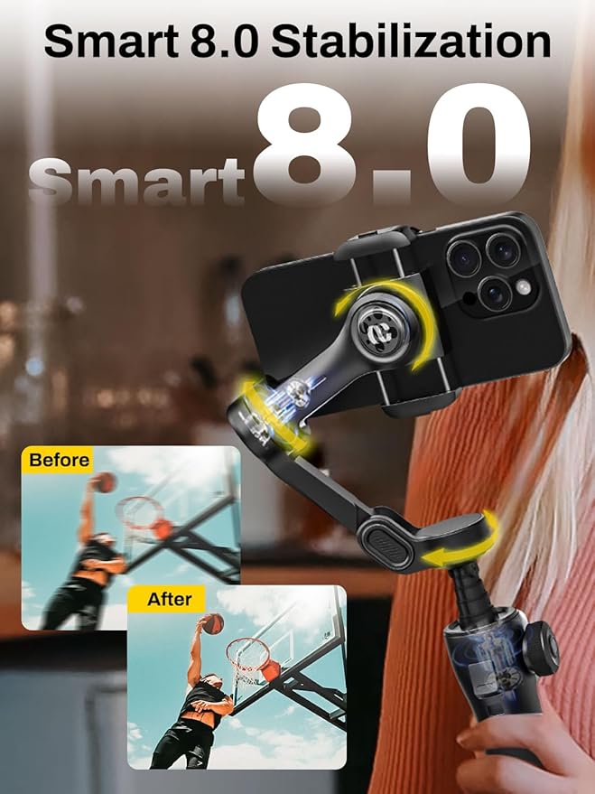 AOCHUAN 3-Axis Gimbal Stabilizer for iPhone, Smartphone Gimbal w/7.8" Extension Rod, OLED Display, Phone Stabilizer w/Face Tracking, Gesture Control, Video Record for iPhone & Android - Smart V8 Black