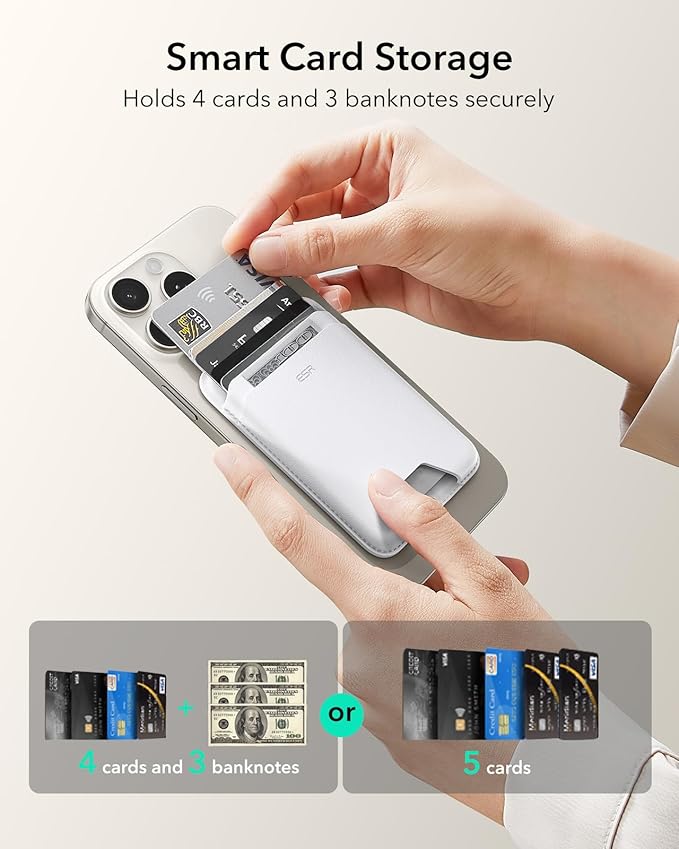 ESR for MagSafe Wallet, 5 Card Holder with RFID Blocking, MagSafe Sticker Included, Slim Magnetic Wallet for iPhone 17e/17/16/15/14/13/12 Series and Selected Samsung Devices, Not for 13/12 Mini, White