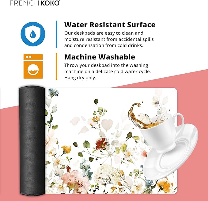 French KOKO Desk Mat, Large Desk Pad Large Mouse Pad Cute Desk Accessories Home Office Essentials XL Desk Mat Desk Pad Keyboard Mouse Desk Pads Computer Cute Women Girls (Floral White, 36" x 16.5")