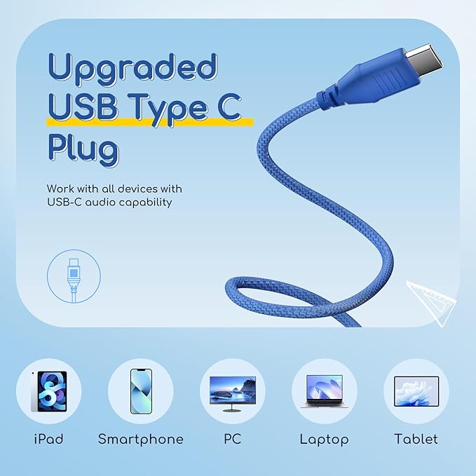 EarFun Kids Headphones Wired with Microphone, USB Type C Headphones for Kids, 85/94dB Volume Limit, Portable Wired Headphone with Shareport, Stereo Sound Foldable Headset for School/Tablet/PC, Blue