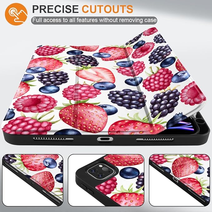 MEEgoodo for iPad Pro 12.9 Case M2 6th/5th/4th/3rd Generation 2022 2021 2020 2018 with Pencil Holder, Tablet Cover with Soft TPU Back Shell, Fresh Berries Pattern