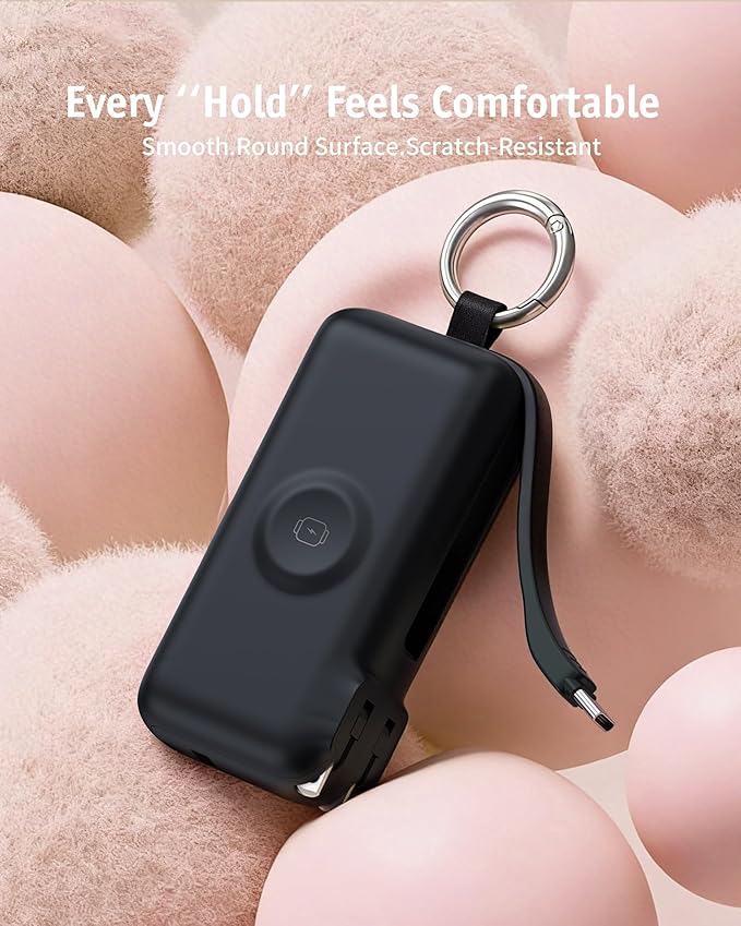RORRY Flow Portable Charger, 10000mAh 40W Fast Charging Power Bank with Built-in USB C Cable and Foldable Wall Plug, Battery Pack Travel Essentials for iPhone 17/16/15, Apple Watch, iPad, MacBook