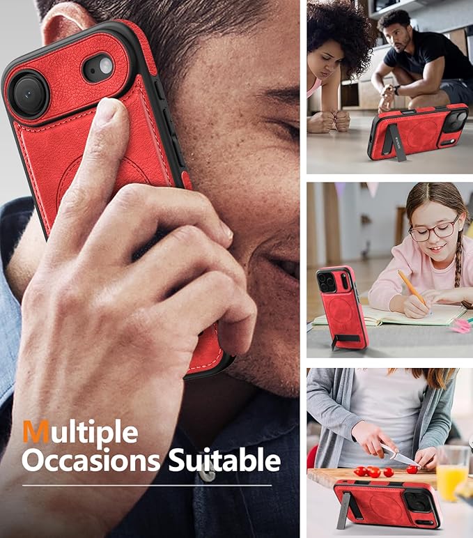 WTCASE Magnetic for iPhone Air Leather Case,Built-in Invisible Stand [Compatible with Magsafe] Protective Slim Kickstand Phone Cover for iPhone Air Case, Red