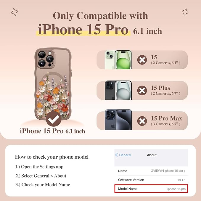 GVIEWIN for iPhone 15 Pro Case Compatible with MagSafe [Curly Wave Edge][Full Camera Protection] Floral Translucent Shockproof Magnetic Women Phone Case for iPhone 15 Pro 6.1'', Primrose/Brown