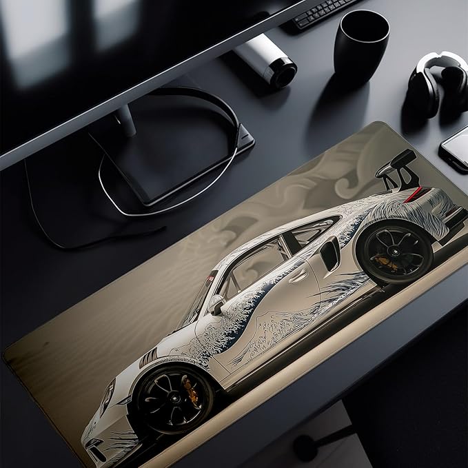 White Ukiyo-e Style Sports Car Mouse Pad Abstract White Mouse Pad 31.5x11.8 Inch Texture Non-Slip Rubber Base Large Mousepad Stitched Edges Keyboard Mouse Mat Desk Pad for Office and Home