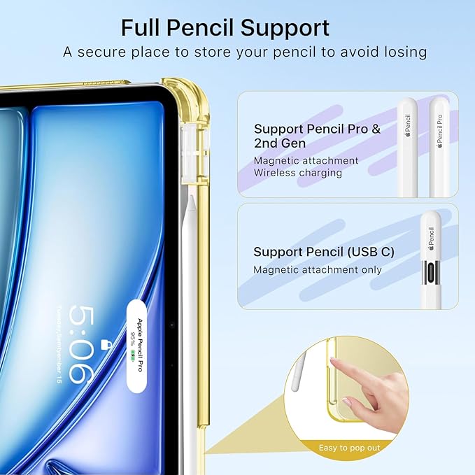 MoKo for iPad Air 11 inch Case (M4/M3/M2) 2026/2025/2024, iPad Air 5th/4th Gen 10.9 inch Case 2022/2020 with Pencil Holder, Slim Light Trifold Cover with Hard PC Translucent Back Shell, Light Yellow