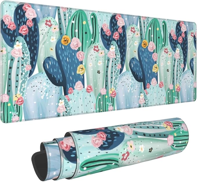 Cute Cactus Large Mouse Pad Desk Mat, Big Extended Funny Gifts XL Gaming Mousepad with Stitched Edges for Writing, Table, Long Extended Desk Pad for Women Girls Office Decor Watercolor 31.5*11.8 Inch