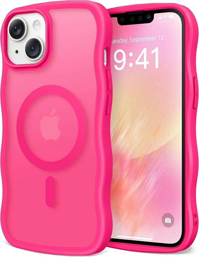CAPRARO Cute for iPhone 13 Case & iPhone 14 Case, Compatible with MagSafe, [Curly Wave Edge] [Camera Protection] [14 FT Drop Protection] Magnetic for iPhone 13/14 6.1 Inch, Hot Pink