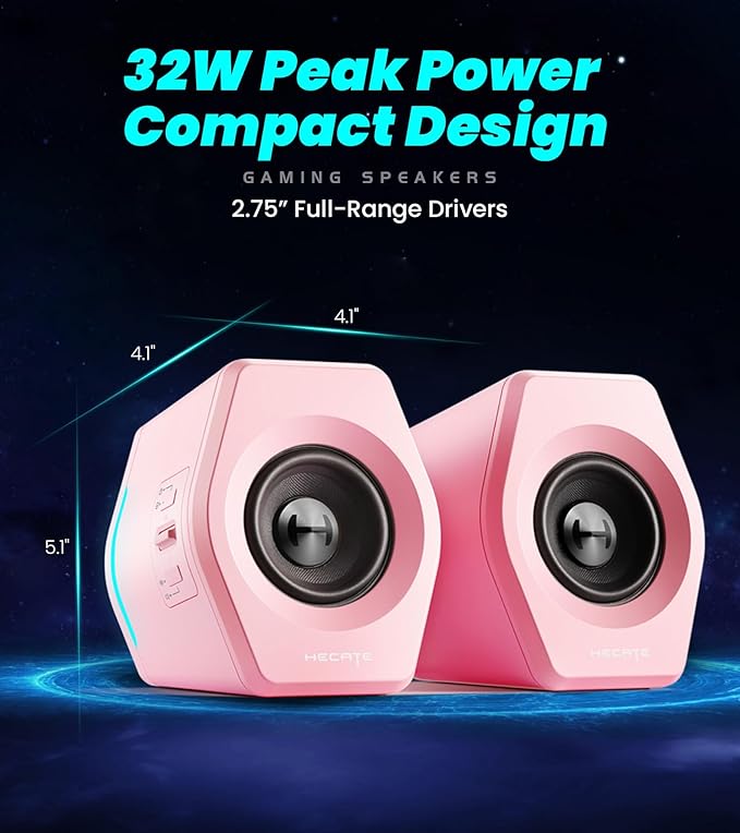 Edifier Hecate Gaming Speakers RGB, 32W Peak Power, Compact Design for PC/PS4/Desktop, Bluetooth 5.1, 3.5mm AUX, Game/Movie/Music Modes, 12 RGB Lighting Effects - Pink