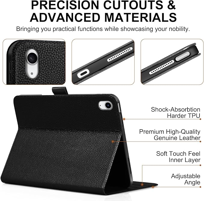 Genuine Leather Case for iPad Air 11" M4 2026/M3 2025/M2 2024, 5th/4th Gen 10.9" | with Pencil Holder and Adjustable Stand, Magnetic Closure, Auto Wake/Sleep Cover | Black