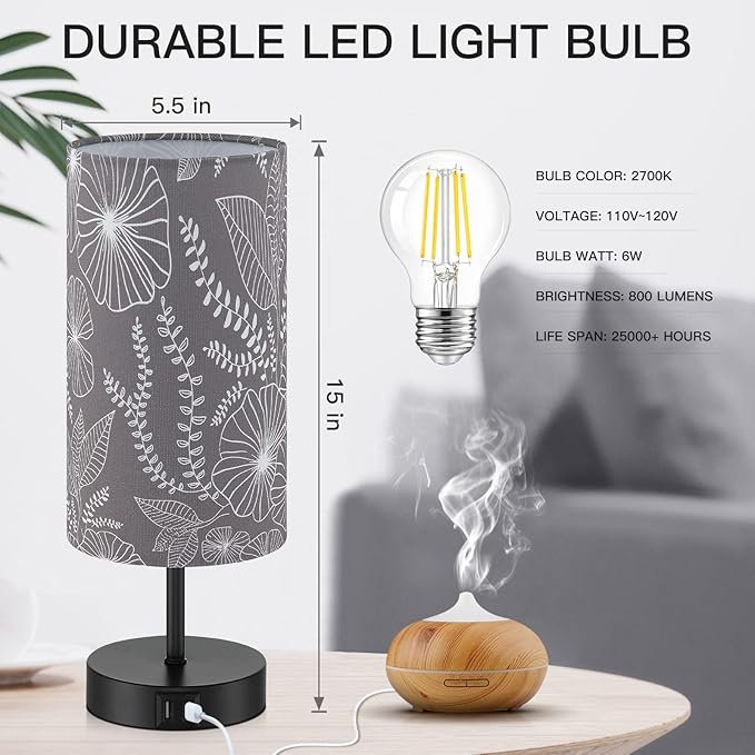 CINSARY Touch Control Bedside Lamp with 2 USB Ports, 3-Way Dimmable Table lamp for Bedroom, Nightstand Lamp with Round Grey Fabric Shade for Living Room Home Office (E26 LED Bulb Included)