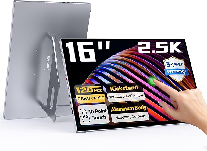 Intehill 16" 2.5K Portable Monitor, Second Laptop Screen Extender for Travel, Touchscreen Monitor for the Demanding Professionals, 120Hz Portable Gaming Monitor with Built-in Stand, T16KB (Silver)