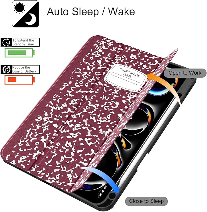 Soke Case for New iPad Pro 11 Inch (M5/M4) 5th Generation 2024-2025 with Pencil Holder - [Shockproof + Apple Pencil Charging + Auto Wake/Sleep], Soft TPU Back Cover for iPad Pro 11", Book Wine