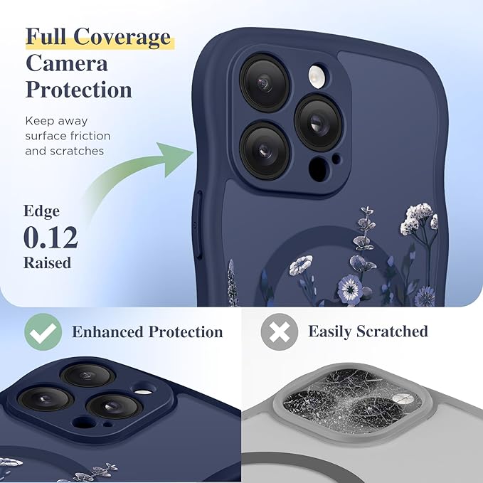 GVIEWIN for iPhone 14 Pro Case Compatible with MagSafe [Curly Wave Edge][Full Camera Protection] Floral Translucent Shockproof Magnetic Women Phone Case for 14 Pro, Floratopia/Blue