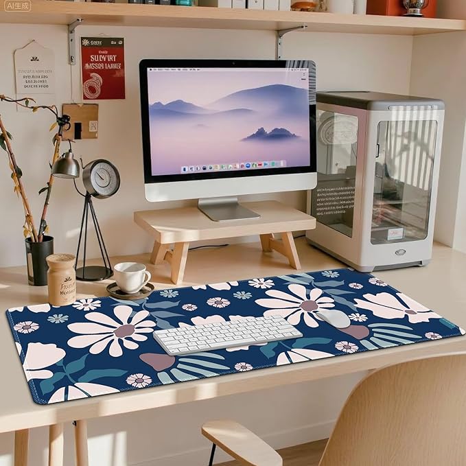 ARTSO Large Mouse Pad, Cute Blue Desk Mat for Desktop,Desk Pad Waterproof Gaming Mousepad for Women Girls, Art Leaf Flower Computer Protector Writing Pad for Office Home
