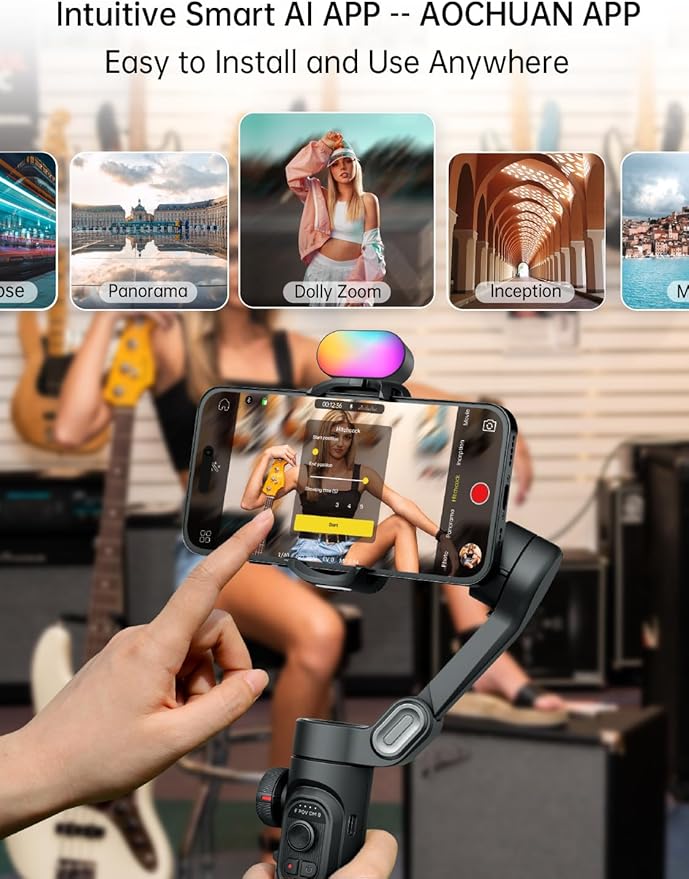 AOCHUAN Gimbal stabilizer for Smartphone,Gesture Control/face Tracking,Magnetic Fill Light,Foldable Handheld Phone Gimbal,3-axis stabilizer TikTok YouTube Vlog Recording XE kit