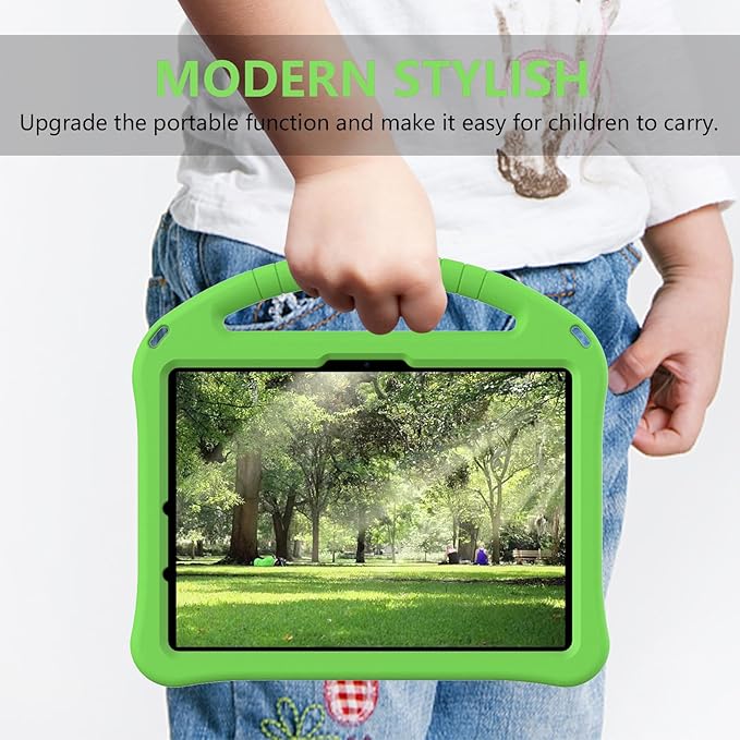Kids Case for iPad Pro 11-inch (M5) 2025/(M4) 2024, Air 11" 2026 M4/M3/M2 Case with Pencil Holder, Techcircle Lightweight Shockproof EVA Foam Handle Stand Anti-Slip Grip Rugged Cover, Green