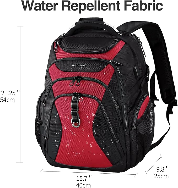 KROSER Travel Laptop Backpack 18.4 Inch XXXL Gaming Backpack with Hard Shell Saferoom RFID Pockets Water-Repellent Business College Daypack Stylish Laptop Bag for Men/Women-Black Red