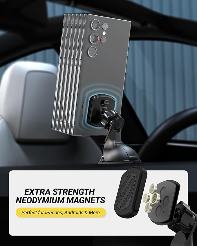 Scosche Extra Strength Suction Cup Phone Mount, Magnetic Dashboard/Windshield Mount Cell Phone Holder for Car with 360° Rotation, StickGrip Base & Thick Metal Plate for iPhone and Android, Not MagSafe