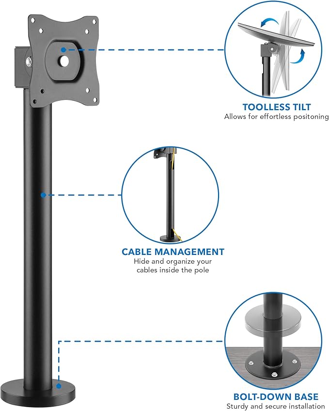 Mount-It! Fixed Height POS Monitor Mount – 19.7” Monitor Pole Mount for Retail Checkout Counters and Point of Sale Systems, Bolt-Down Base, VESA 75x75 & 100x100, Fits 13–32” Monitors, 33 lb Capacity