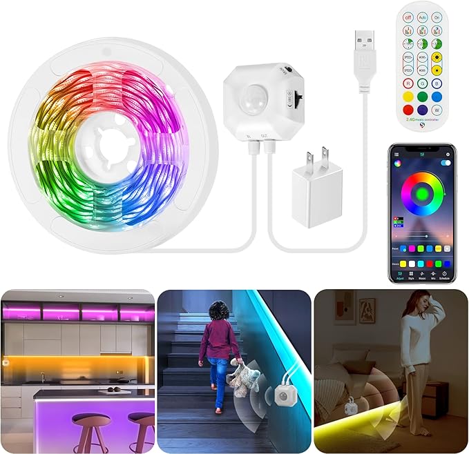 9.8Ft RGB LED Strip Lights, Motion Sensor Under Bed Lights, Indoor Usage, USB Powered, 3 Modes, App Control, RF Remote, SMD5050, for Bedroom, Kitchen, Stairs