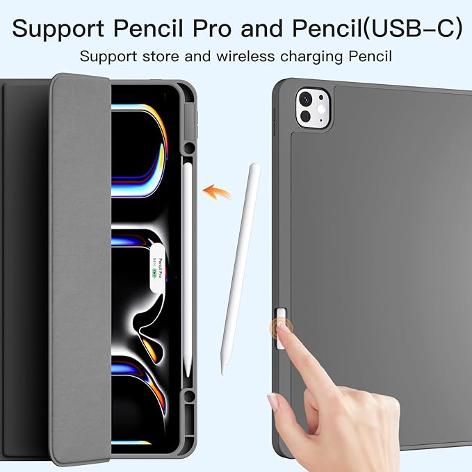 Akkerds Compatible with iPad Pro 13 Inch Case (M5/M4) 2025/2024, for iPad 13 Pro Case with Pencil Holder, Slim Trifold Stand Protective Cover with Soft TPU Back, Auto Wake/Sleep (Darkgrey)