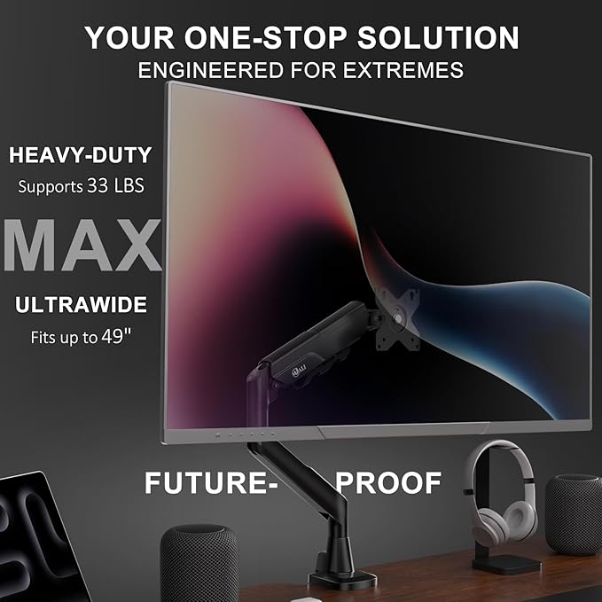 WALI Heavy Duty Single Monitor Arm for 17-49 Inch Flat Curved Ultrawide Screens, up to 33 Lbs, Adjustable Single Monitor Desk Mount for Home Office Gaming, VESA 75/100mm (GSM001XLN), Black