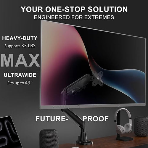 WALI Heavy Duty Single Monitor Arm for 17-49 Inch Flat Curved Ultrawide Screens, up to 33 Lbs, Adjustable Single Monitor Desk Mount for Home Office Gaming, VESA 75/100mm (GSM001XLN), Black