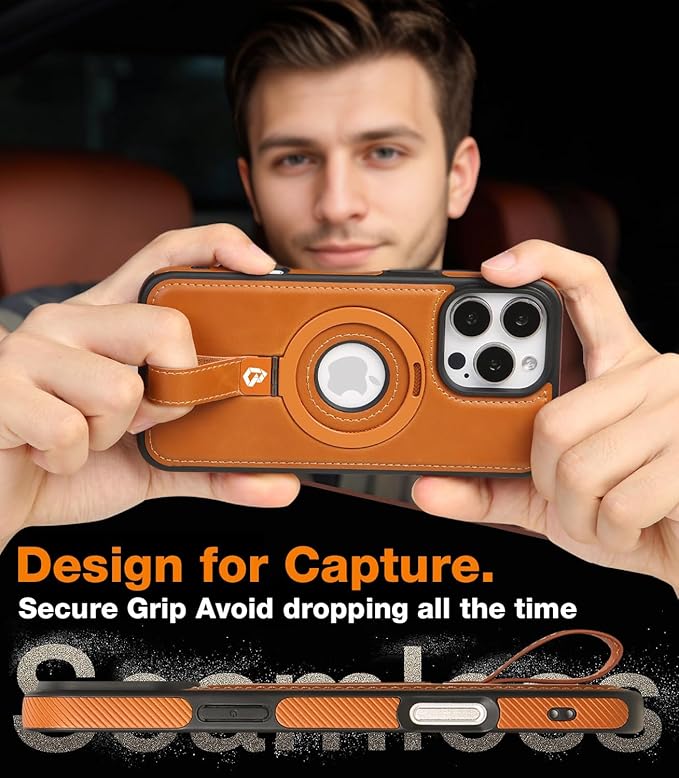 Butaiga for iPhone 14 Pro Max Leather Case with Stand, Anti-Slip Grip Ring, Fits for MagSafe (Brown, iPhone 14 Pro Max)