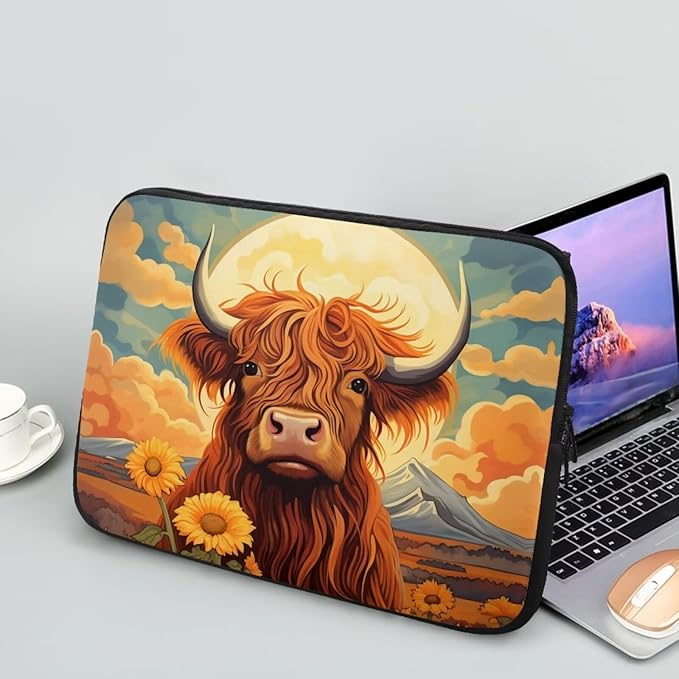Highland Cattle Computer Sleeve for Women Men Laptop Sleeve 17 inch Neoprene Laptop Covers with Padded Compartment Lap Top Case Sunflower Computer Carrying Bag Brown