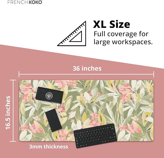 French KOKO Large Desk Mat 36" x 16.5" – Extended Floral Botanical Mouse Pad for Keyboard & Mouse – Non-Slip Waterproof Protector Aesthetic Office Desk Pad for Women