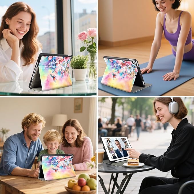 Vimorco Case for iPad Air 3 2019, for iPad Pro 10.5 inch 2017/2019, for iPad 9th/8th/7th Generation 10.2 inch,Multiple Viewing Angles,Pencil Holder, Full Protective,Auto Sleep/Wake,Hummingbird Flowers