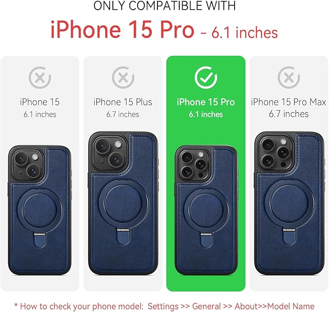 Compatible with iPhone 15 Pro Case with Stand, Compatible with MagSafe, Slim PU Leather & Durable TPU Protective Cover Drop-Proof with Tempered Glass Screen Protector 6.1", Blue