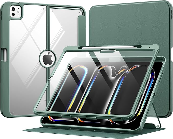 MoKo for iPad Pro 13 Inch Case (M5/M4) 2025/2024 with Pencil Holder, [Built-in Screen Protector], iPad Pro 13 M5/M4 Case with Clear Back & Magnetic Multi Angle Stand Cover, Midnight Green
