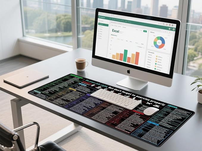 JIALONG Excel Shortcuts Large Gaming Mouse Pad Extra XXL 35.4x15.75 inches Thick Extended Excel Formulas Cheat Sheet Desk Pad Computer Keyboard Mat for MacBook, PC, Laptop, Office Home