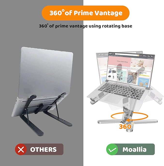 Moallia Laptop Stand with 360 Rotating Base, Computer Notebook Laptop Riser Metal Holder for Desk Collaborative Work, Fully Foldable for Easy Storage, Fits All MacBook, Laptops up to 16 inches